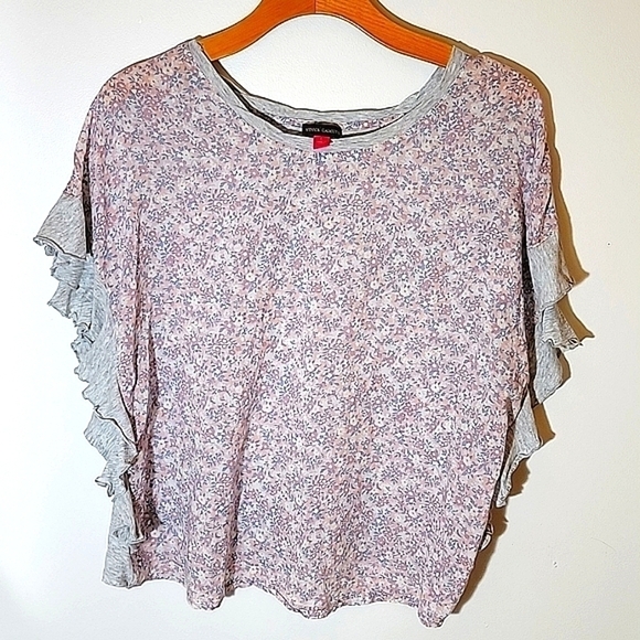 Vince Comuto Floral Chiffon Overlay Front Grey Soft Tee Shirt Flutter Sleeve L - Picture 1 of 7